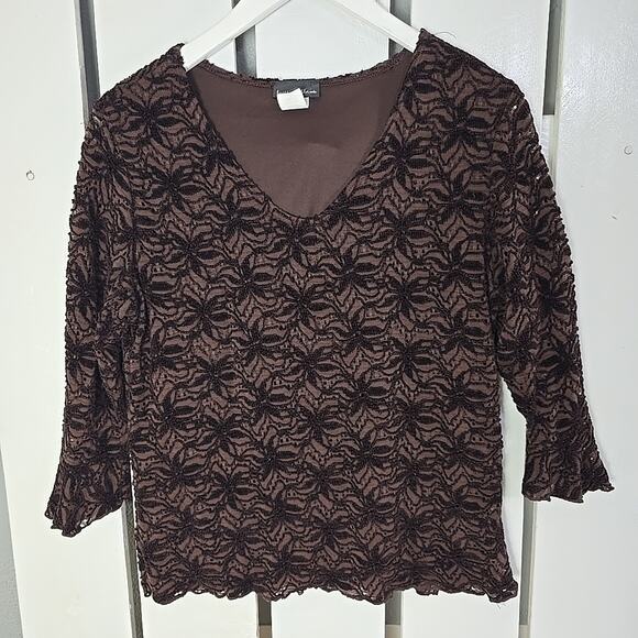 Brittany Black Floral Embroidered Brown Top Flutter Sleeve Large‎ Fairy Grunge - Picture 1 of 8